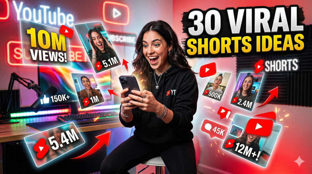 YouTube Shorts ideas for beginners showing viral video growth and content creation concepts