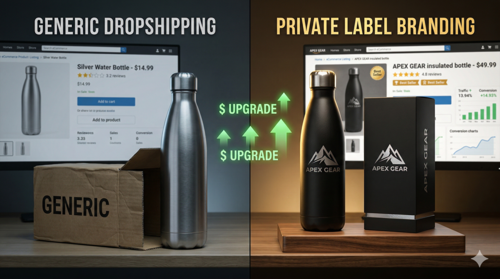 private label dropshipping strategy with custom packaging, logo branding, and higher product value