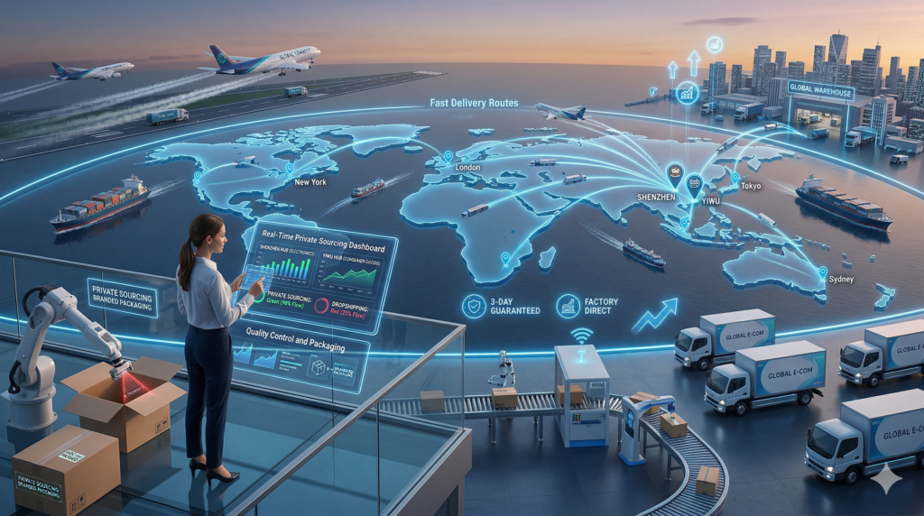 global eCommerce logistics network showing fast delivery, sourcing agents, and supply chain efficiency