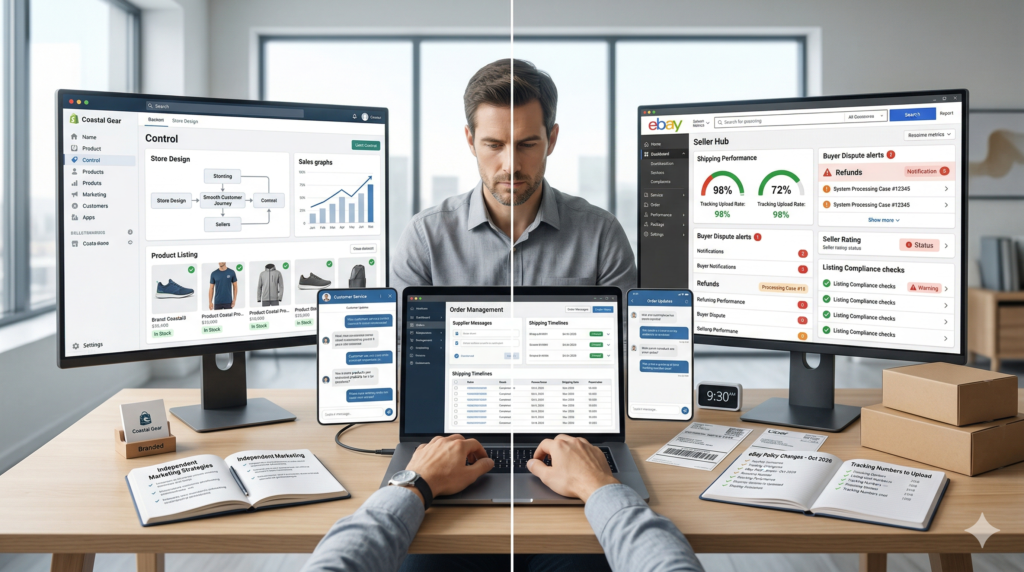 eBay Dropshipping Guide 2026: Modern ecommerce workspace comparing Shopify control with eBay marketplace rules, shipping metrics, disputes, and seller performance tracking.