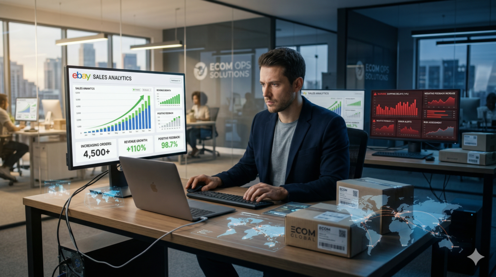 eBay dropshipping scaling dashboard showing sales growth, logistics network, and supply chain performance analysis