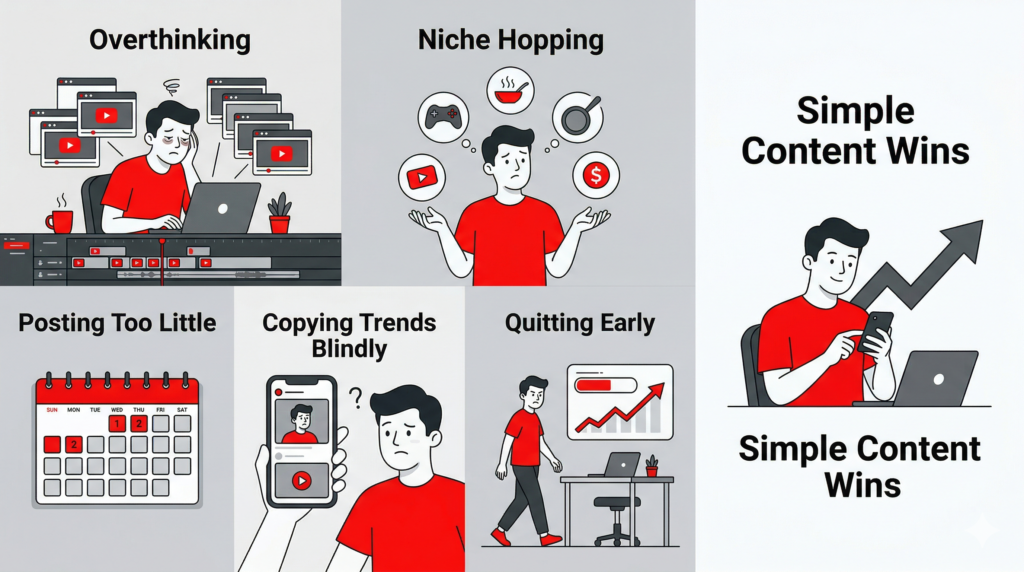 YouTube Shorts guide for beginners: YouTube Shorts beginner mistakes simple content strategy illustration