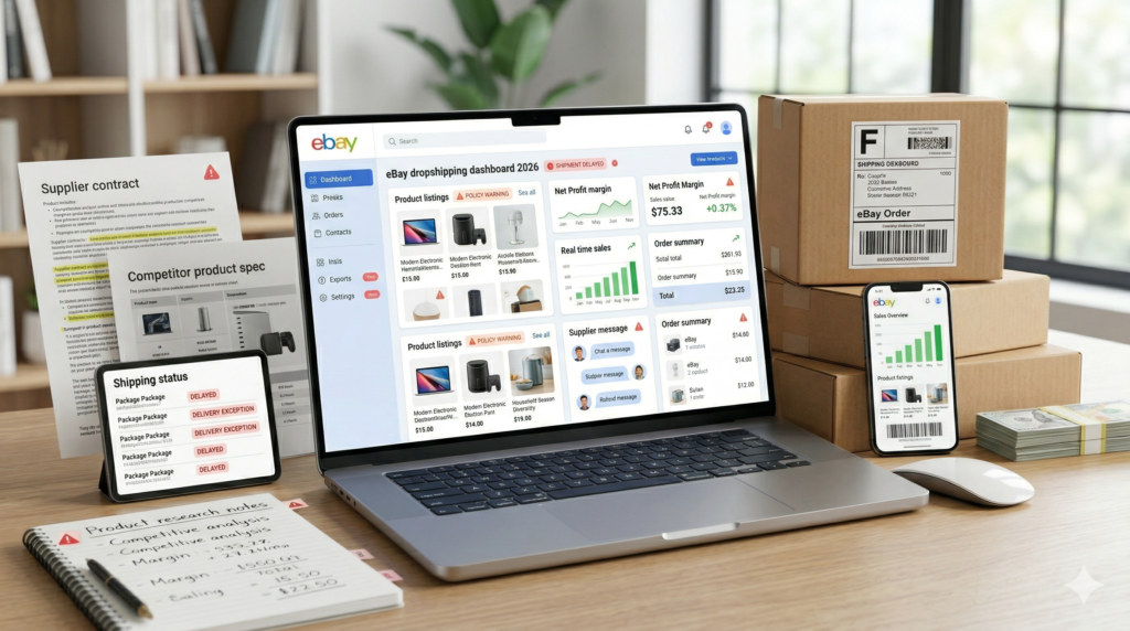 eBay Dropshipping Guide 2026: Realistic eBay dropshipping workspace showing product listings, shipping alerts, supplier management, and ecommerce planning.
