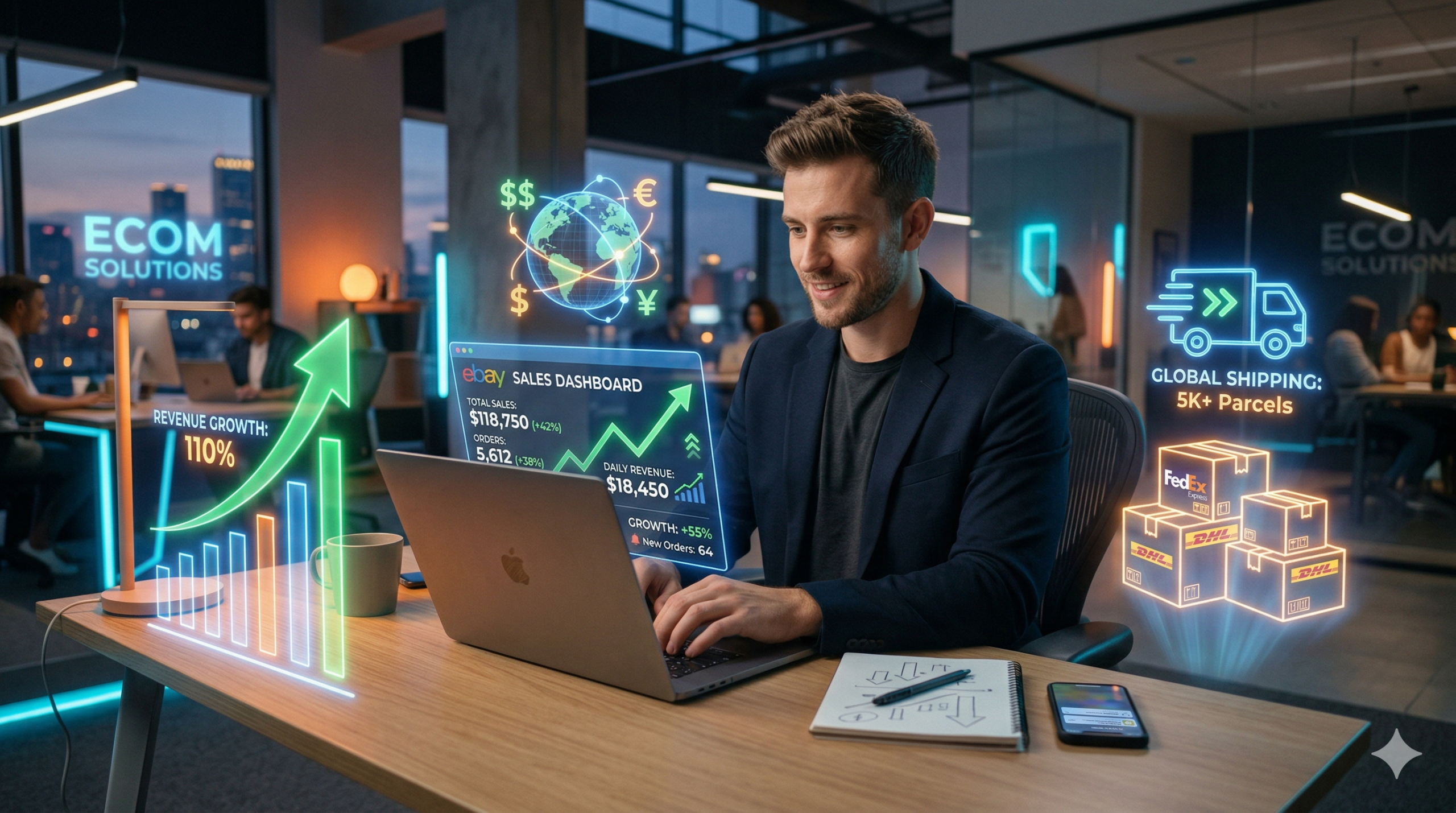 eBay dropshipping scaling: entrepreneur shocked by rapid eBay sales growth with upward arrows and increasing orders during dropshipping scaling