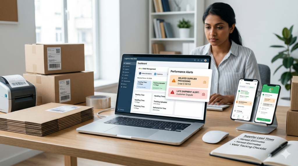 eBay Dropshipping Guide 2026: eBay dropshipping shipping workflow showing handling time, tracking updates, delivery management, and supplier shipping risks.