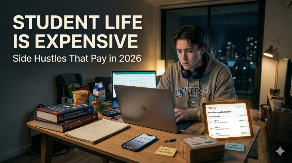 Student in Australia struggling with expenses while working on laptop and exploring side hustles to make money in 2026